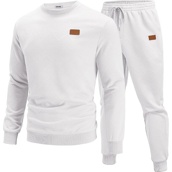 Men's 2 Piece Sweat suit Jogging Suit Set Long Sleeve Jacquard Shirt White - Picture 1 of 6